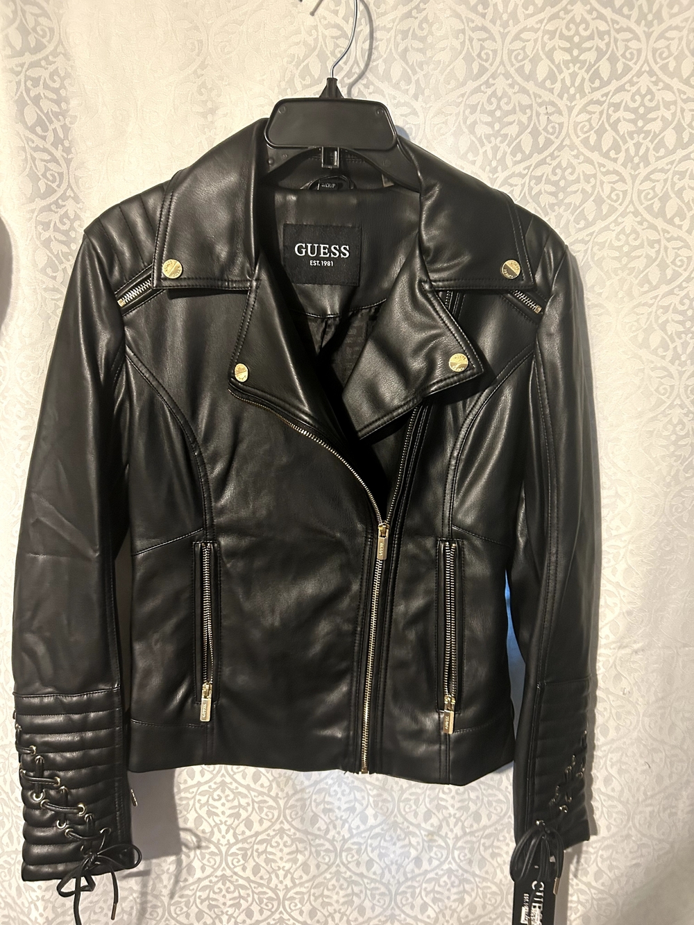 GUESS Black Faux Leather Moto Jacket with Gold Hardware